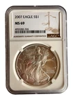 2007 American Silver Eagle $1 Dollar Coin One Troy Ounce 0.999 Fine NGC MS69