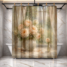 Pink Roses Blue Background Floral Shower Curtain Beautiful Bathroom Decor