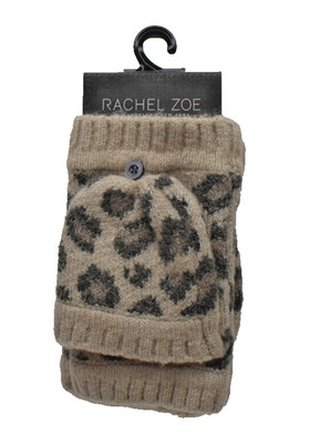 Rachel Zoe Knit Pop Top Mittens Gloves Taupe Leopard New! NWT