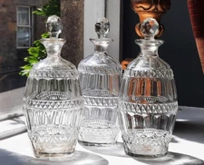 Trio of Regency Anglo Irish Lead Crystal Cut Barrel Spirit Decanters C 1800+