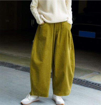 Japanese women curved corduroy casual wide leg pants elastic waist