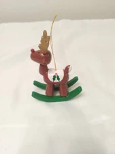 Vintage Hand Painted R Daikin Wooden Christmas Ornament Rocking Reindeer