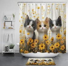 Farmhouse Cute Cat and Yellow Wildflower Shower Curtain Bathroom Accessories Set