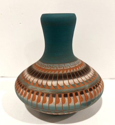 Hand Thrown Terracotta 6 x6  Teal/Orange Incised Vase South Western Signed