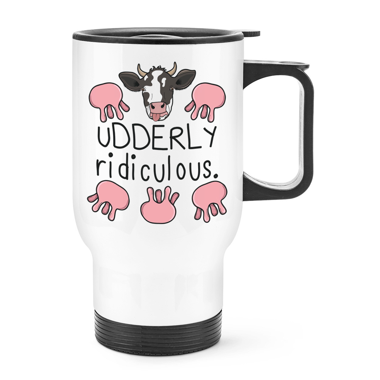 Udderly Ridiculous Travel Mug Cup With Handle - Funny Moo Joke Animal