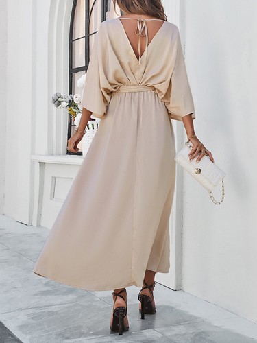 Moda Para Mujer Elegante Maxi Vestido Suelto Largo Dividido Cuello en V Cintura Alta Corbata - Imagen 14 de 24