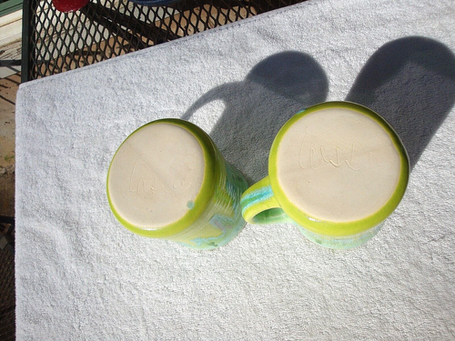 2 Handcrafted Art Pottery Mugs Signed Studio Bright Green Turquoise Drip Glaze - Picture 6 of 11