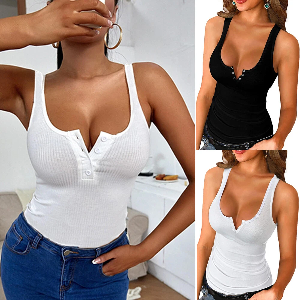 Women Sexy V Neck Low Cut Henley Tank Tops Summer Sleeveless Button Down  Shirts