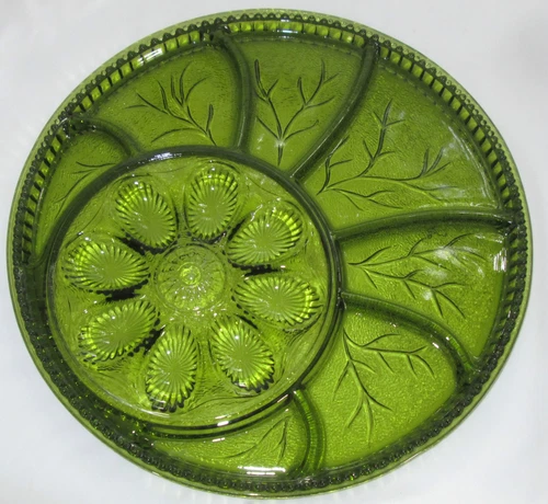 Indiana Glass Green Deviled Eggs & Divided Serving Appetizer Party Platter