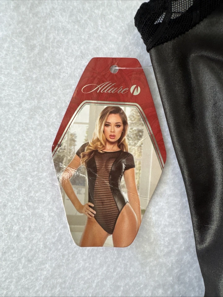 Allure 人造皮革网眼紧身衣裤黑色短袖透明面板全新带标签 L/XL 码 — 第 4/4 张图片