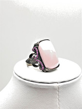 Rose Pink Quartz Ring with Hot Pink Accents 925 Silver Sz 7.5