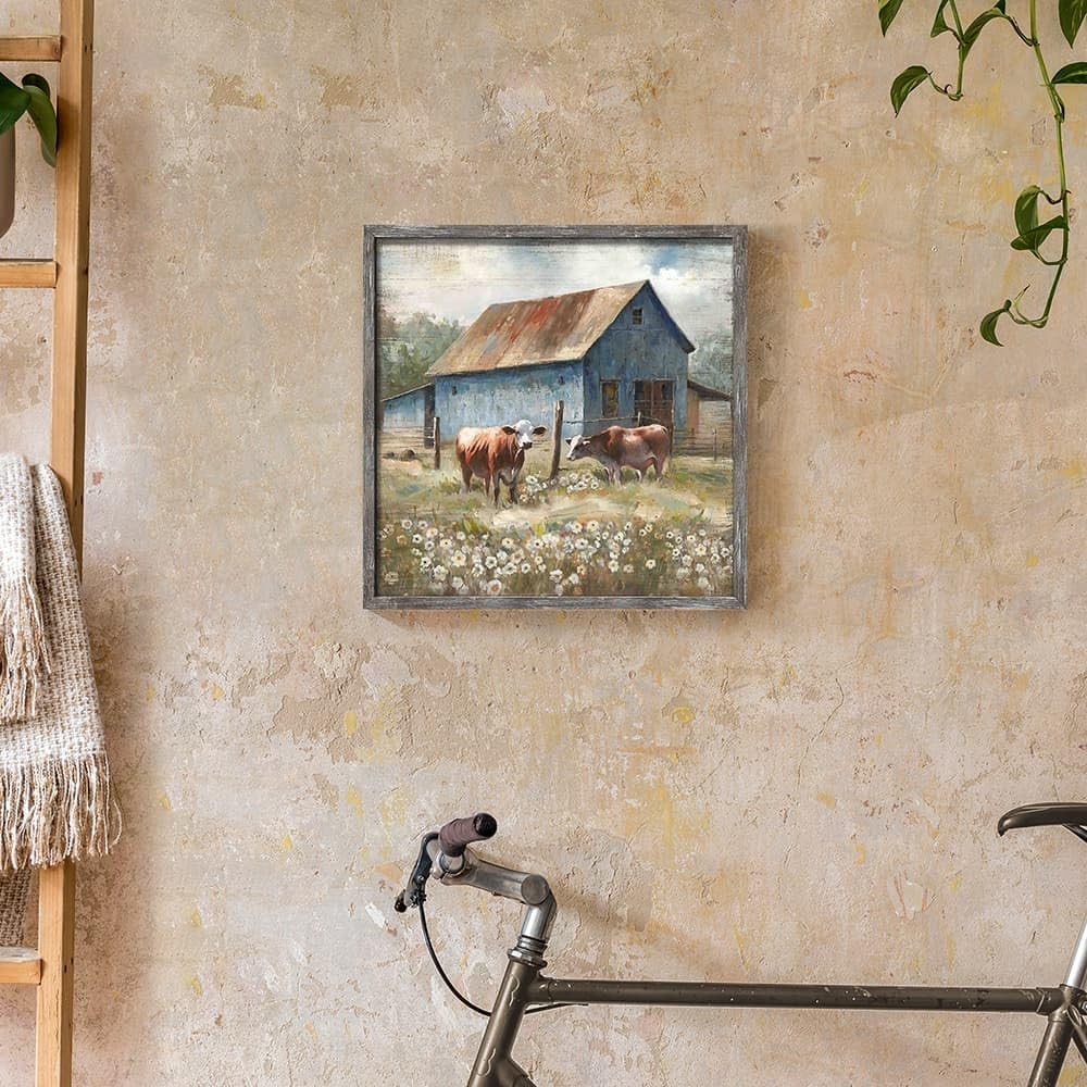 Countryside Cow Wooden Wall Art: Farmhouse Barn Framed Artwork Green Rustic P...