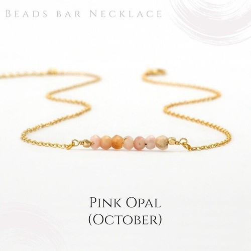 Pink Opal Faceted Round Gemstone Gold Chain 18" Delicate Bar Necklace For Gift - Picture 5 of 8