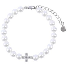 Sliver Cross Charm Pearl Bracelet for Women Vintage White Baroque Freshwater Pea