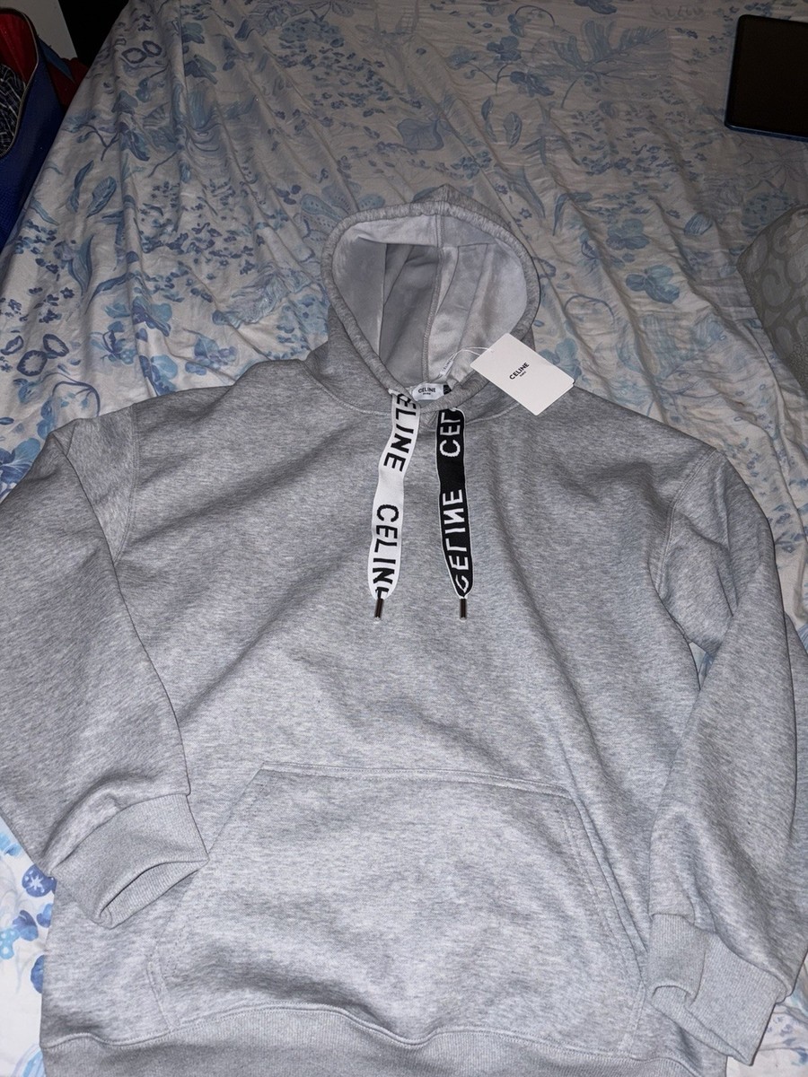 CELINE Gray Fleece Pullover Hoodie Logo Drawstring Cotton Men's