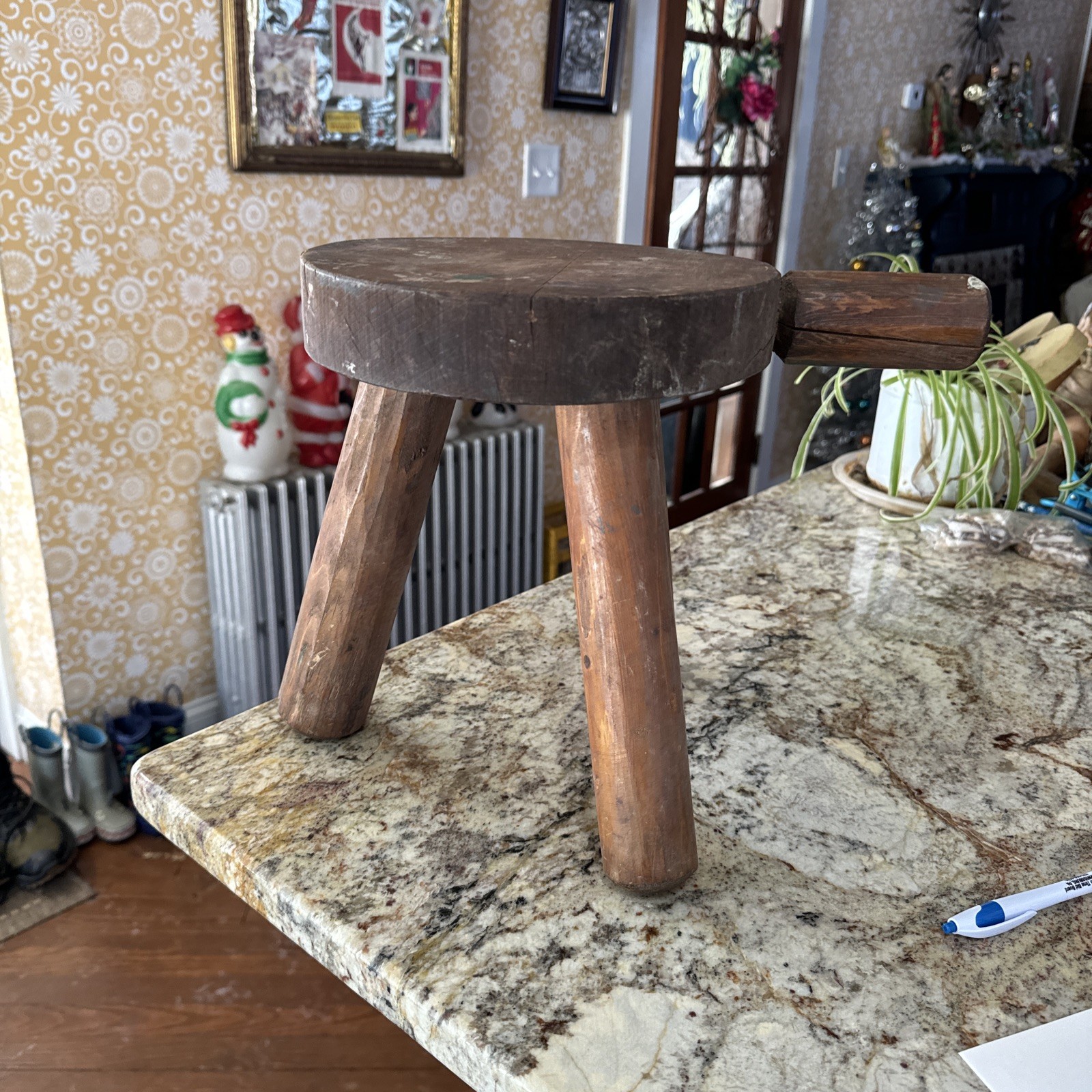 Vintage Wooden 3 Leg Milking Stool With Handle 10.5" Tall 15" Wide Walpole