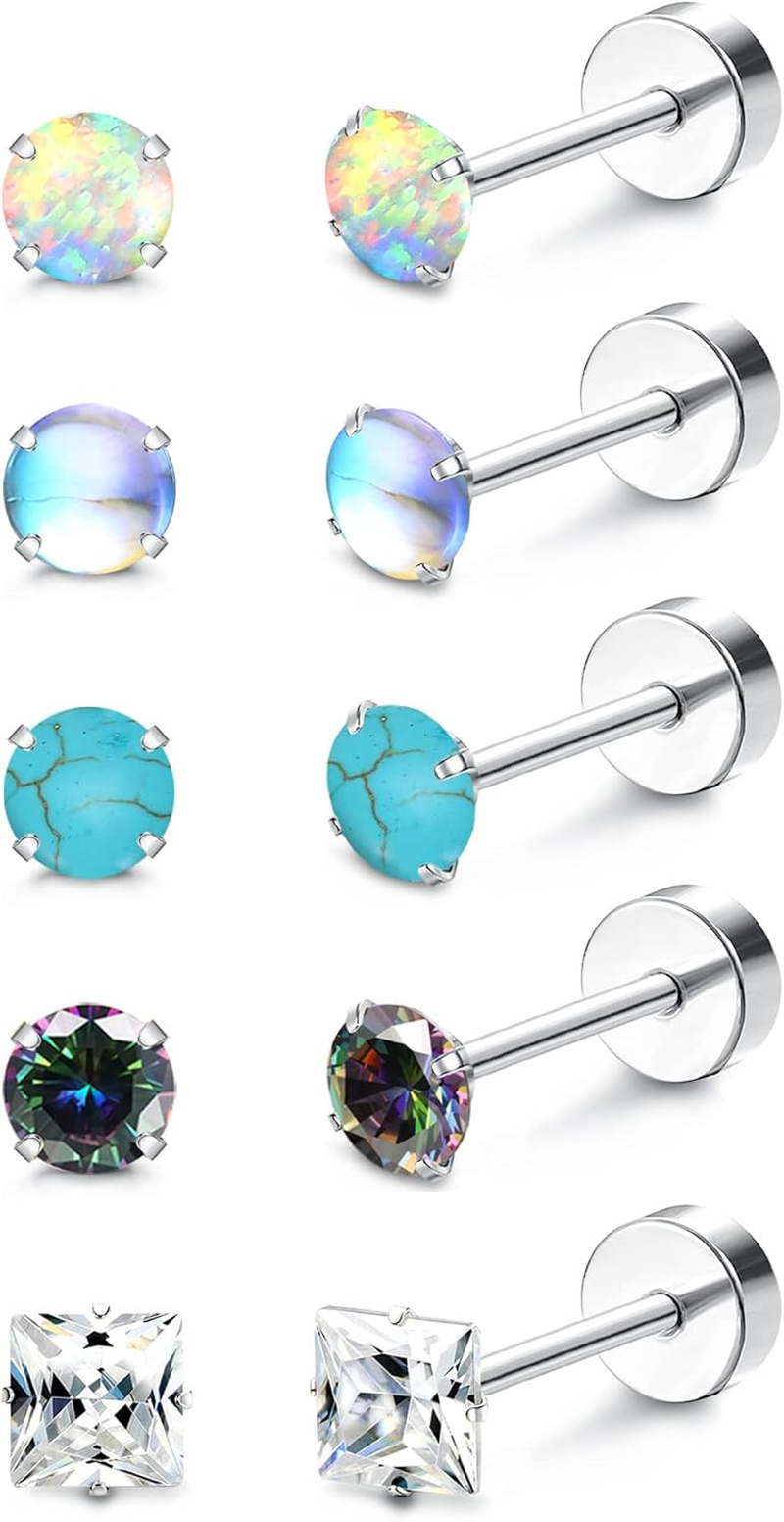 5Pairs G23 Titanium Flat Back Earrings Surgical Stainless Steel Stud Earrings