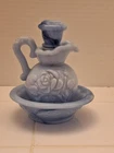 Vintage Avon Blue Marbled Floral Milk Glass Mini Pitcher and Bowl Set May 1978