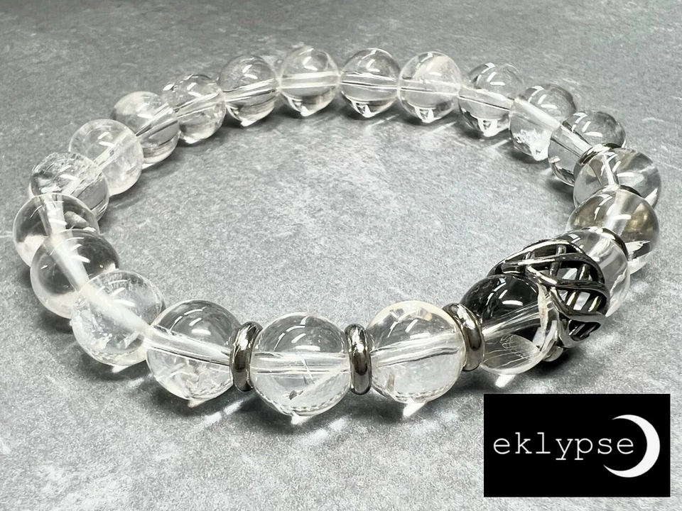 Pulseira masculina HIP 8"L aço inoxidável 10mm cristal transparente quartzo pedra preciosa frisada - Imagem 3 de 4