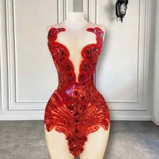 Luxury See Through Women Birthday Party Gowns Sparkly Girl Red Short Prom Dress