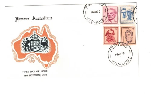 Australia 1970 6c Famous Aust on EXCELSIOR UNADDRESSED FDC,cds KERANG Vic
