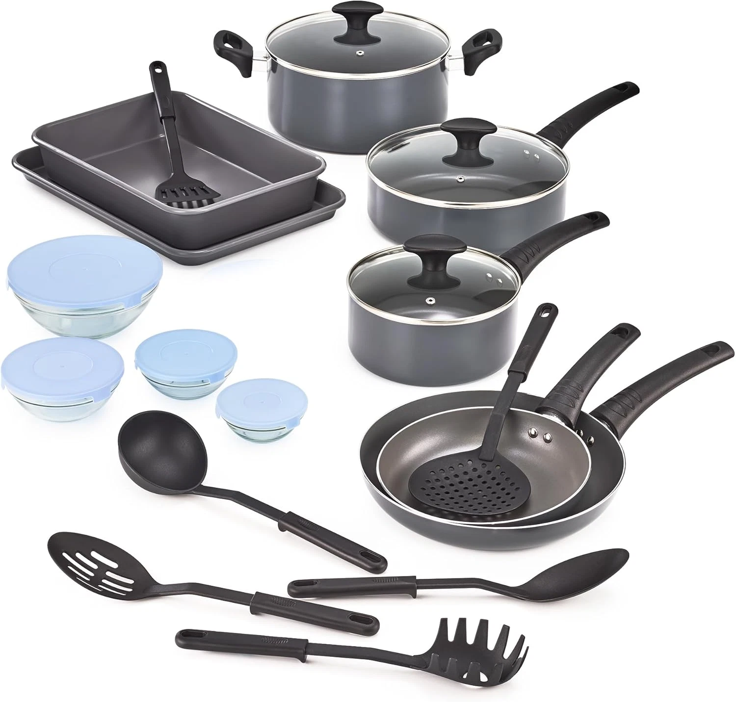 21-Piece Nonstick Cookware Set with Glass Lids & Utensils, Black