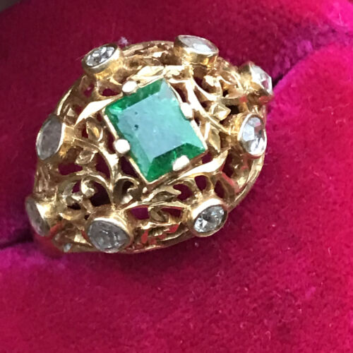 Vintage 15kt gold Ring . Rose cut diamonds . Emerald . Fine jewelry - Picture 1 of 10