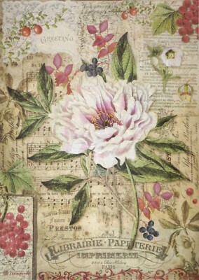 Reispapier für Decoupage Decopatch Scrapbook Bastelblatt Pfingstrose mit roten Beeren
