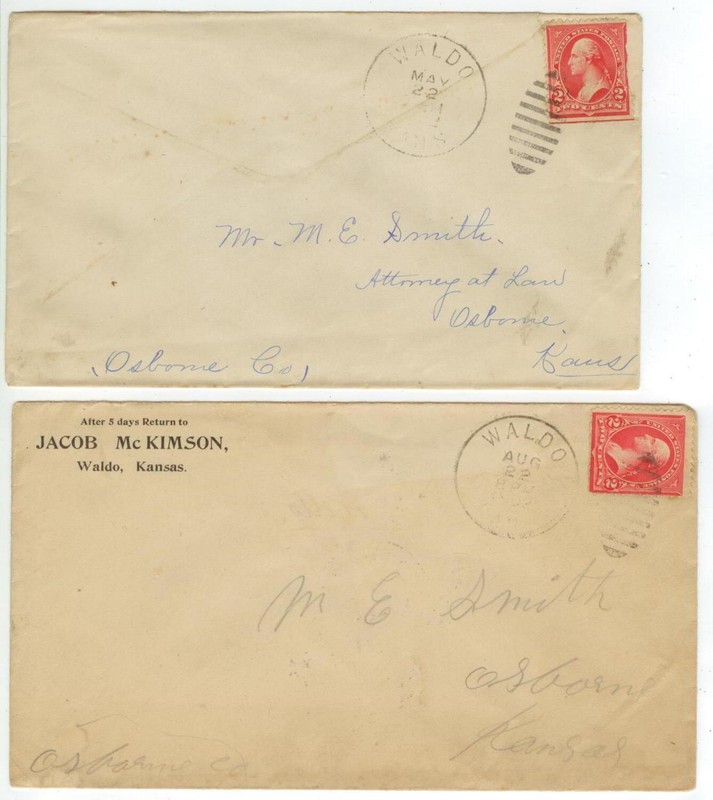1902 Waldo Kansas covers to Osborne - where's Waldo? Russell County