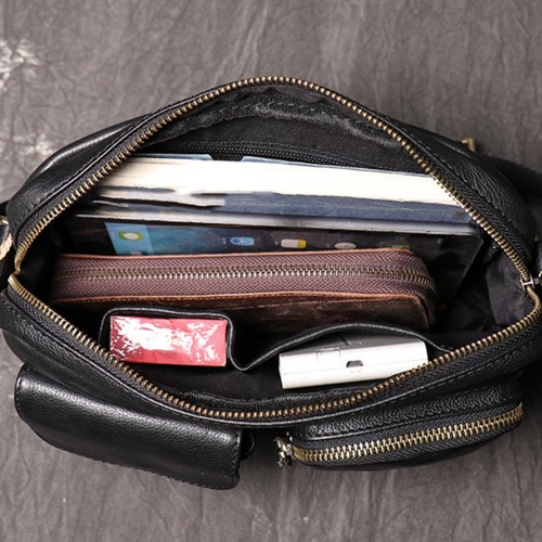 Men's Leather Crossbody Bag Black Multi-Pocket Shoulder Bag Travel Organizer - Picture 10 of 11
