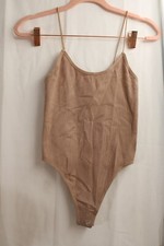 Women's Biege Ribbed Polyester Tback snap bottom Leotard S