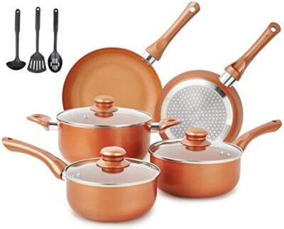 M MELENTA Pots and Pans Set Ultra Nonstick, Pre-Installed 11pcs Cookware Set Cop