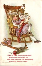 Vintage Postcard Little Girl in Rocking Chair Knits & Pretends She’s Grandma