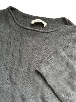 Gentle Herd Sweater Black 100% Wool Boat Neck Eyelet Lightweight L Women
