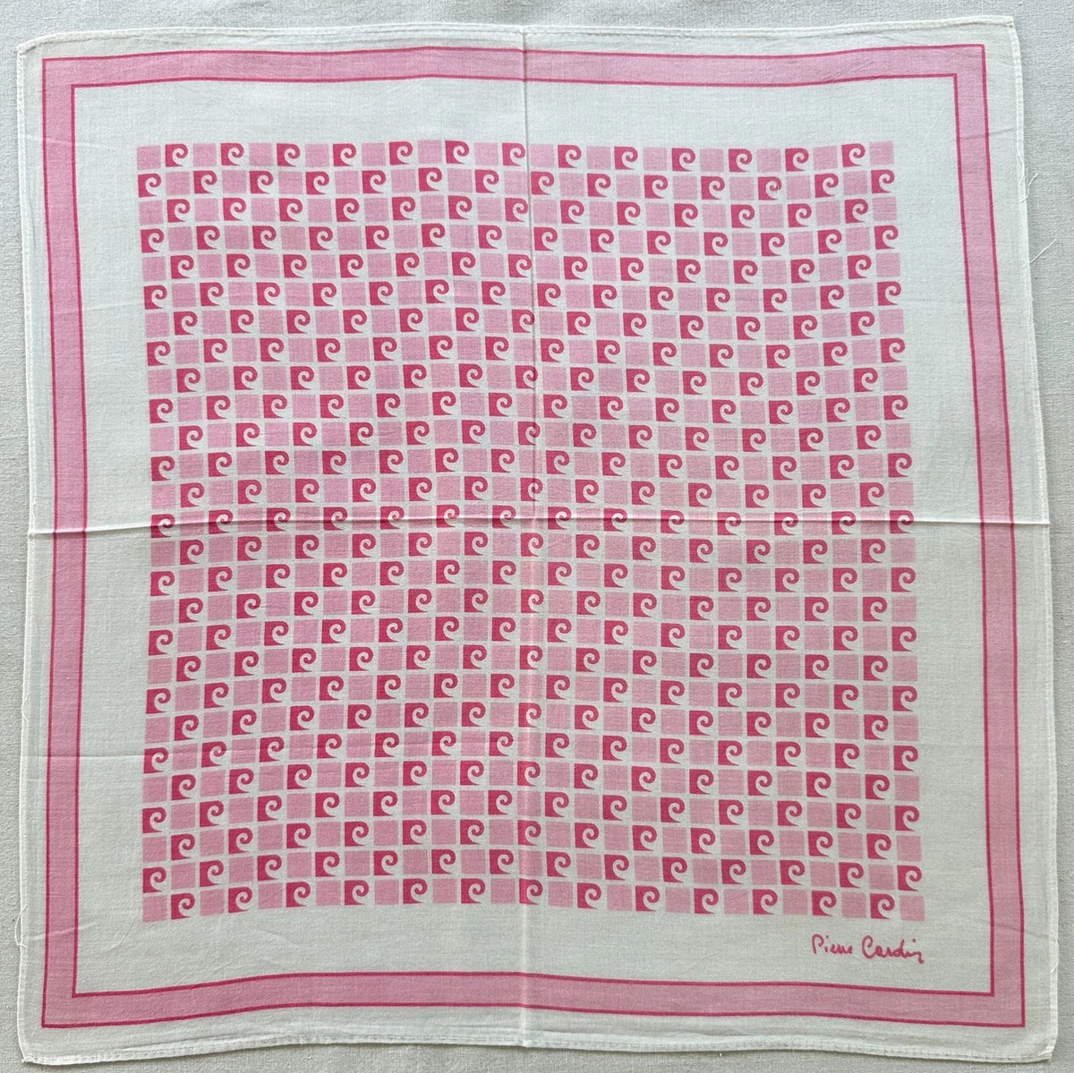 Vintage Cotton Mens Pocket Square Pink Geometric & Monogram Handkerchief 16"~P