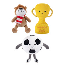 Set of 3 Plush Dog Toys World Cup Trophy Football Lion Crinkle Effect Squeaker