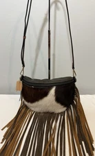Hand Tooled Cowhide Leather Crossbody Bag Hair-On Brown White Fringe Western