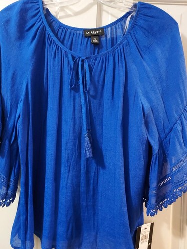 I.N.Studio Royal Blue Boho Blouse, Embroidery, Tassels, Short Flare Sleeves, PM