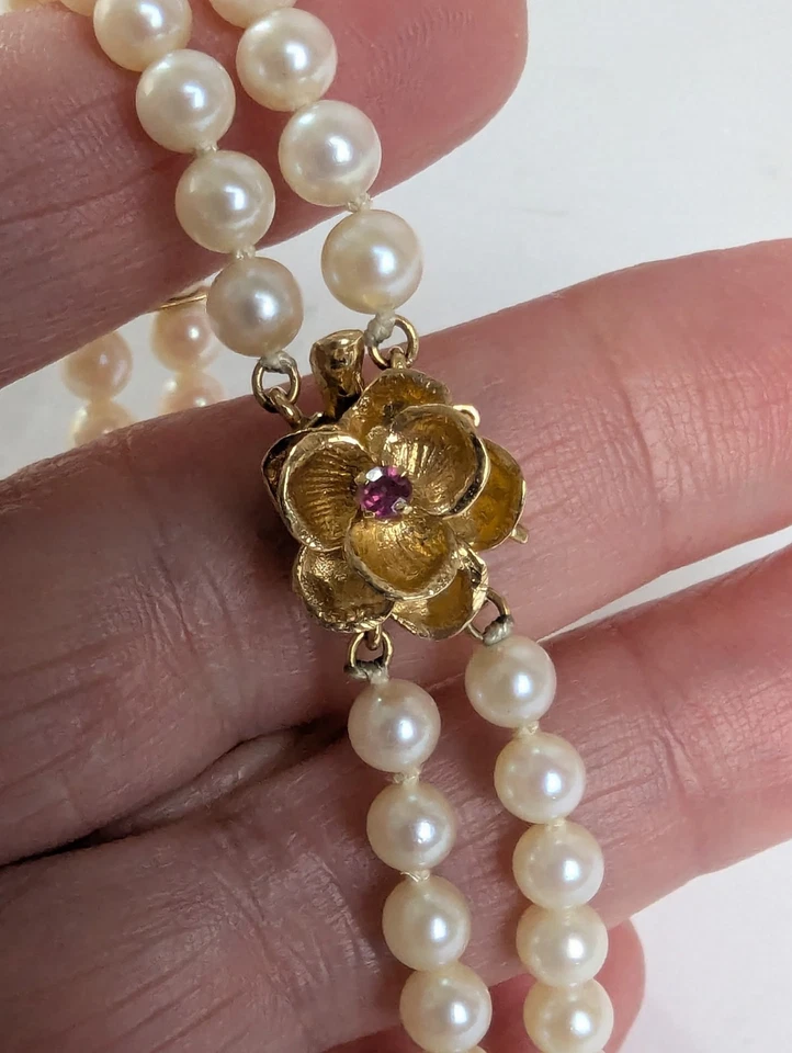 Vtg 14K Gold Double Strand 5mm Akoya Pearl Bracelet 14k Ruby Floral Clasp 7" - Image 2 of 4