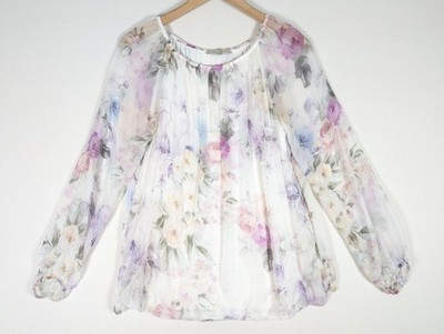 Viola Borg Womens Small Silk Floral Sheer Peasant Poet Sleeve Boho Spring Blouse
