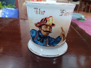 The Fireman Shaving Mug Occupational Hold Brass Hose Nozzle Ironstone 1890s