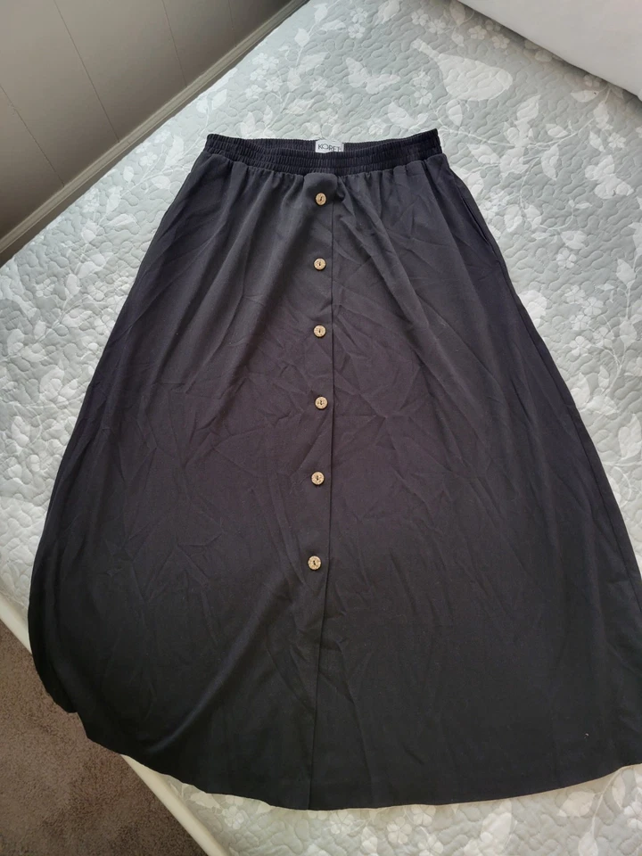 Koret Damen schwarzer langer A-Linien Rock S einfarbig elastischer Bund Knopfleiste - Bild 1 von 3