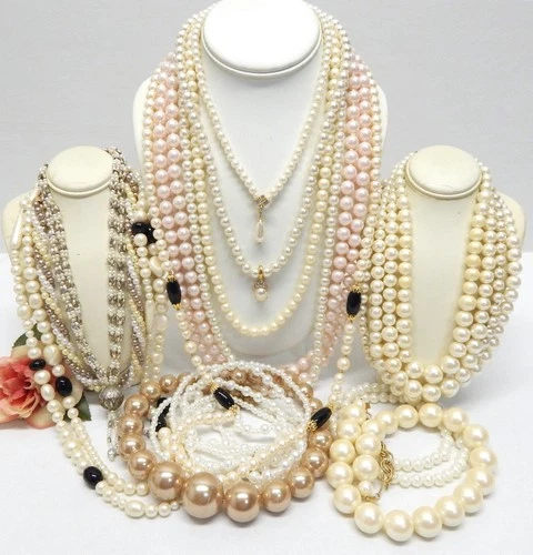 VINTAGE TO NOW FAUX PEARL BEAD COSTUME JEWELRY NECKLACE LOT