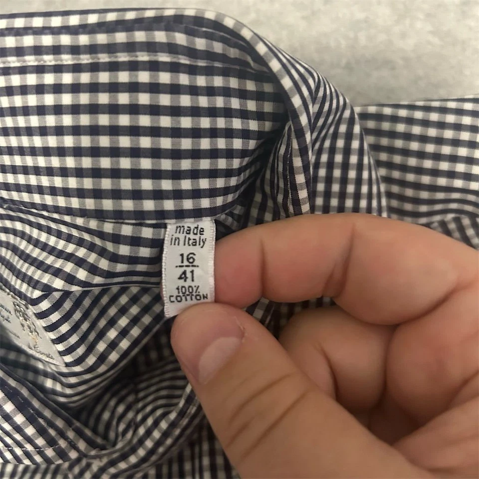 Finamore Napoli Shirt Men's 16 - 41 Blue Plaid Gingham Button Up Embroidered  - Image 4 of 4