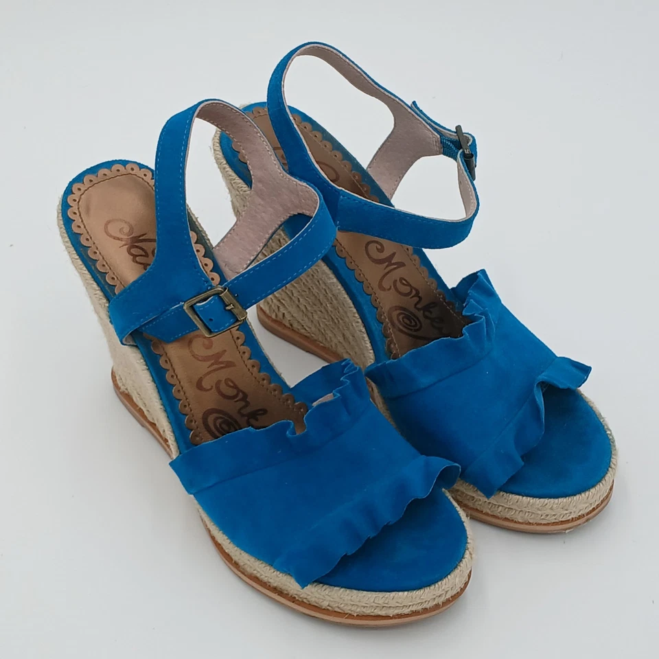 Naughty Monkey Love Leather Wedge Sandal Teal Suede Ruffle Jute Platform Sz 9.5 - Image 2 of 4