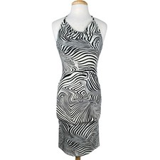 Vintage Swirl Stripe Bodycon Halter Dress Womens Medium Black White Retro Op Art