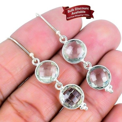 Ethno-Ohrringe grüner Amethyst Stein Schwester Tropfen Verlobungshaken Sterlingsilber