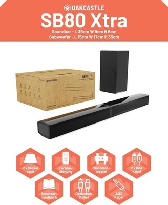 TV Soundbar 2.1 Subwoofer HDMI ARC Bluetooth, Oakcastle SB80 Xtra GEPRÜFT