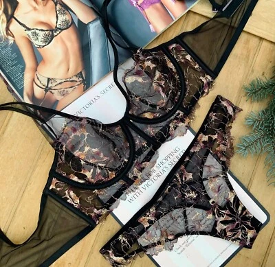Victoria's Secret Luxe Lingerie Embroidered Unlined Shimmer Bra Set 80B, S, M - Bild 1 von 4
