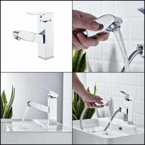 Modern Pull Out Bathroom Sink Faucet Lavatory Basin Hot Cold